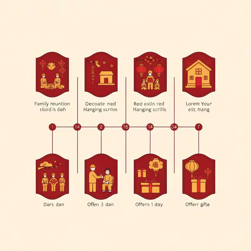 Infographic timeline showing the 15 days of Chinese New Year celebrations from reunion dinner to Lantern Festival with traditional activities