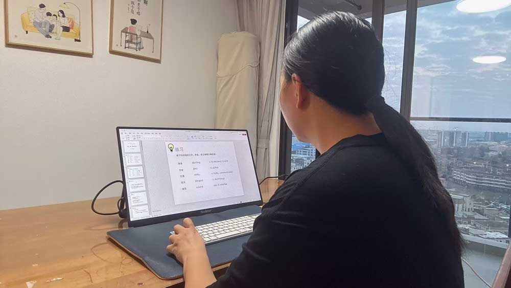 Mandarin tutor Candice reviewing PPT teaching materials