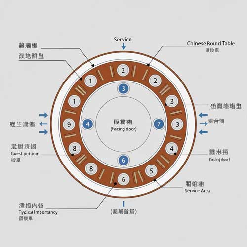 Diagram showing traditional Chinese round table seating hierarchy with seat of honor, host position, and guest placement by importance level