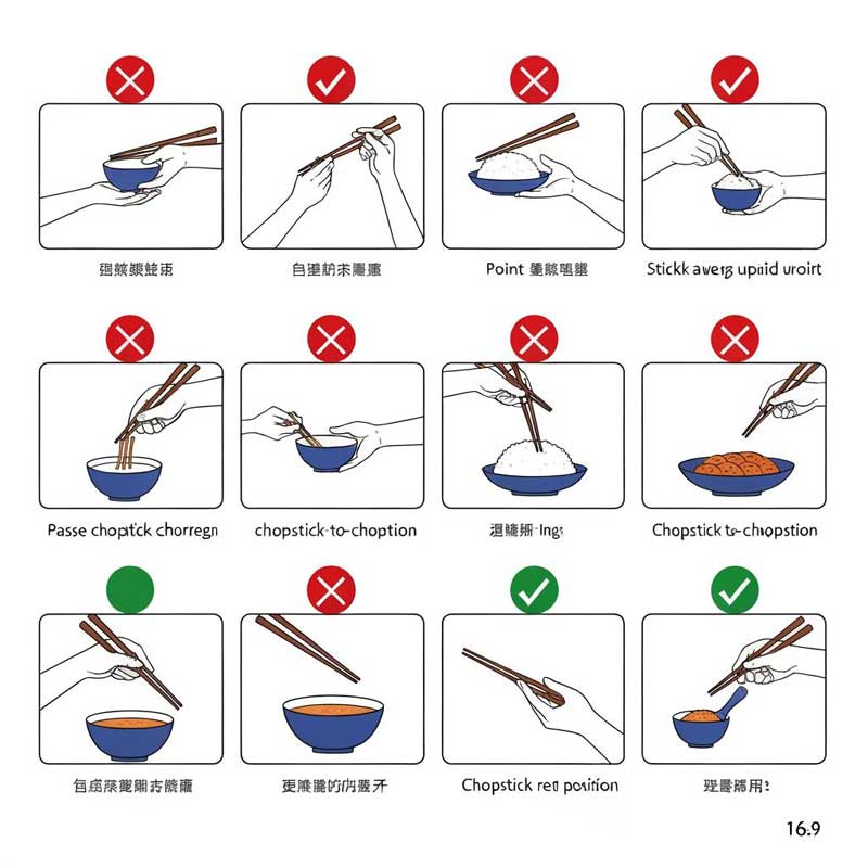 Educational infographic showing correct and incorrect chopstick etiquette with visual examples of proper usage and common taboos to avoid