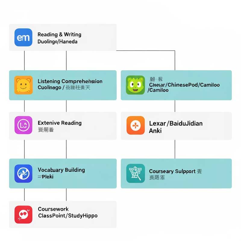 Flowchart decision tree showing how to choose the best Chinese learning app based on goals like speaking, writing, vocabulary, complete courses or HSK exam preparation
