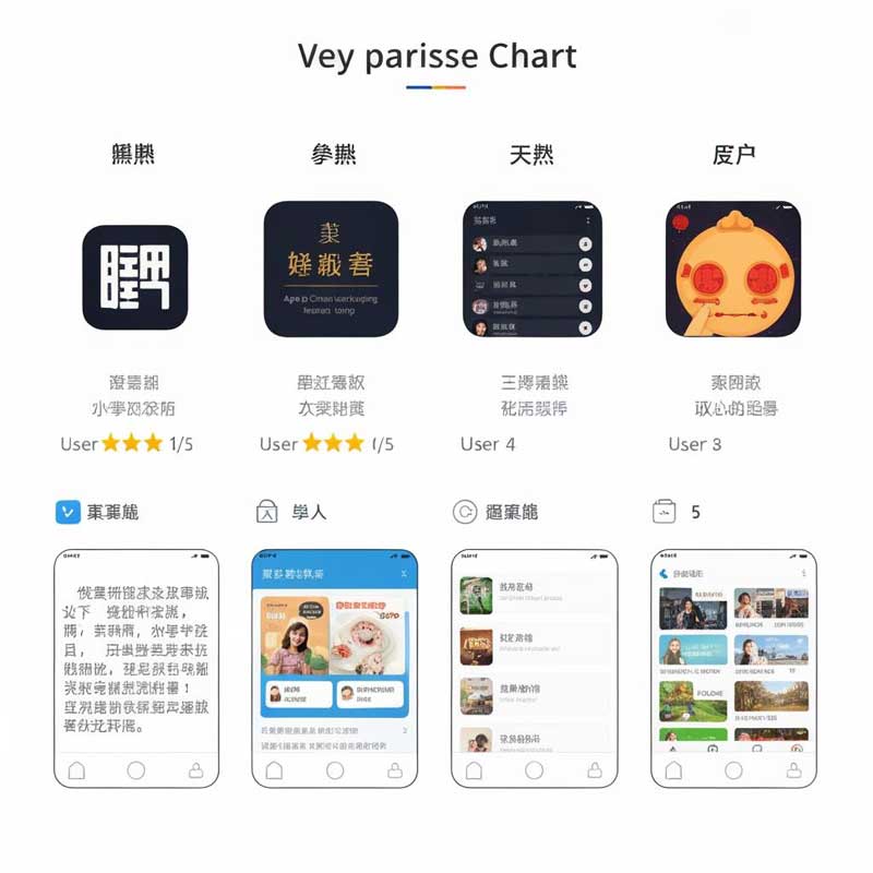 Comparison infographic showing five popular Chinese learning apps with ratings, pricing, best uses, and key features side by side