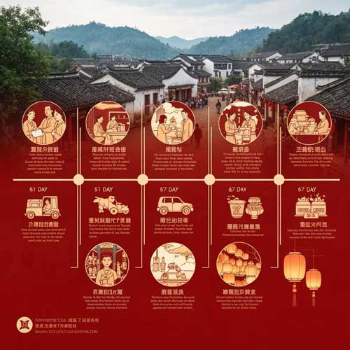 Timeline showing the complete 15-day Chinese New Year celebration from reunion dinner to Lantern Festival with traditional activities for each day