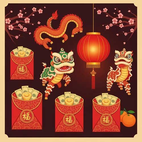 Collection of Chinese New Year lucky symbols including red envelopes, dumplings, fish, and fu character with cultural meanings explained