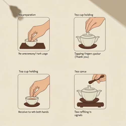 Illustrated guide showing Chinese tea culture etiquette including proper pouring, finger tapping thank you gesture, and traditional tea ceremony manners
