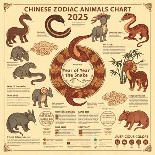 Circular chart displaying all twelve Chinese zodiac animals with 2025 Year of the Snake highlighted, featuring traditional decorative elements