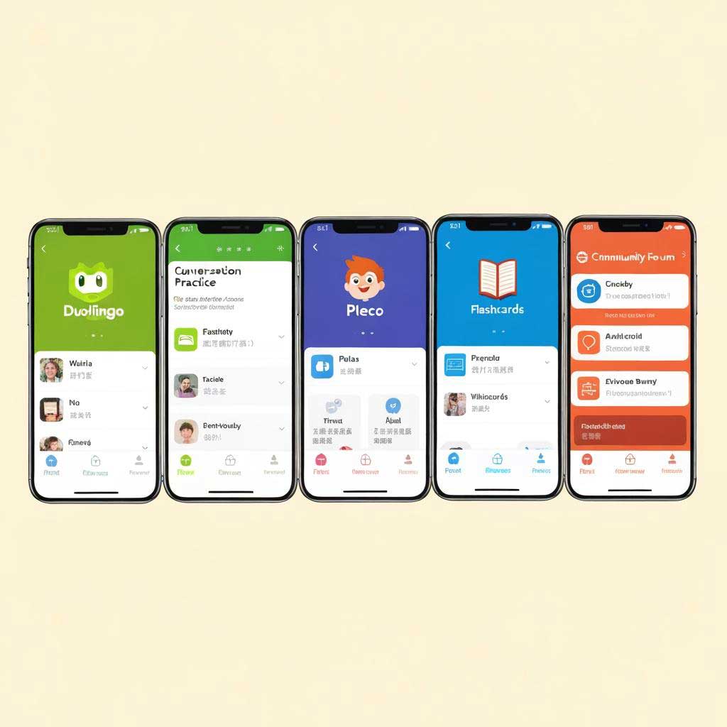 Five smartphone screens showing the ideal Chinese learning app combination including structured lessons, dictionary, flashcards, conversation practice and immersion content apps