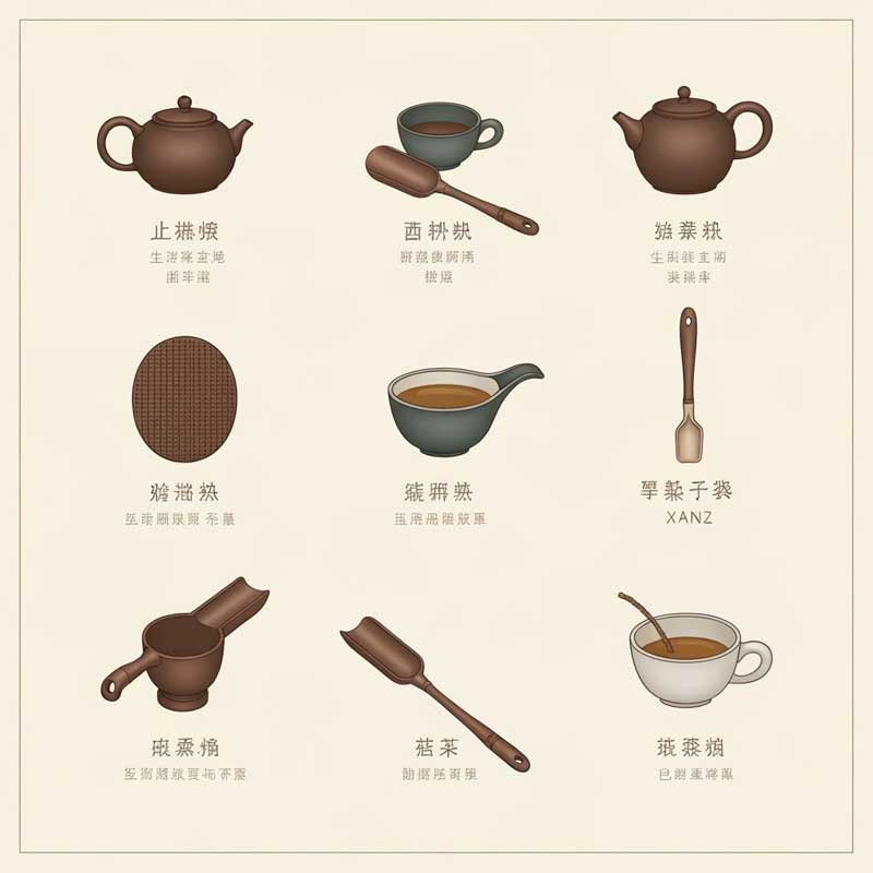 Educational chart displaying essential Chinese tea ceremony tools including gaiwan, yixing teapot, tea tray, cups, and accessories with Chinese names and functions