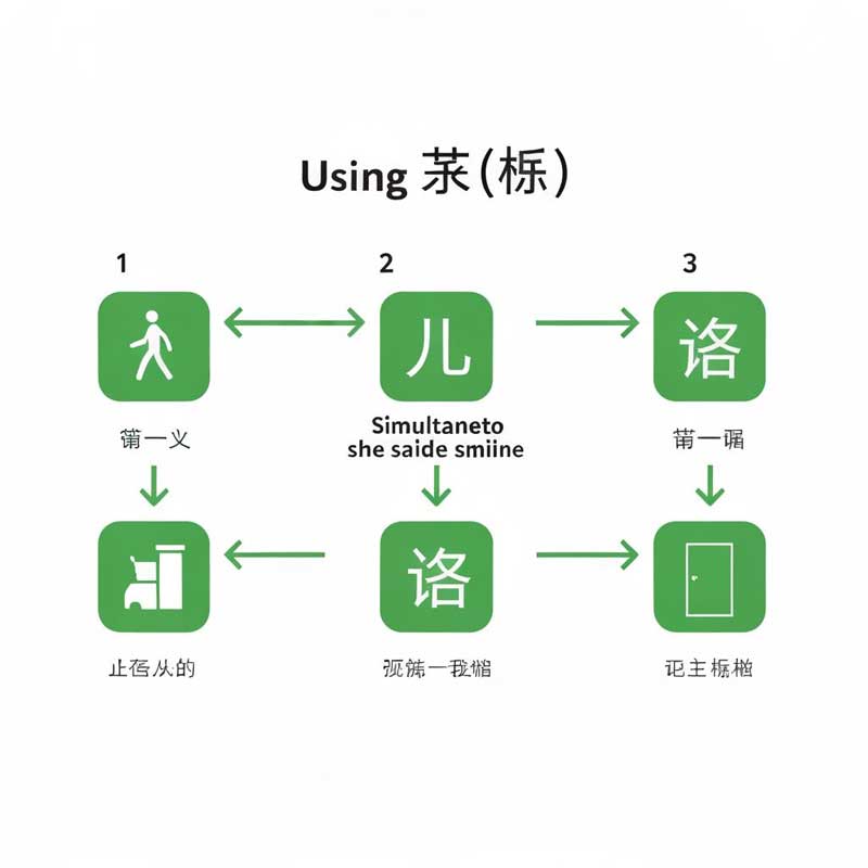 Flowchart illustrating three main usage patterns of the Chinese particle 着 (zhe) for continuous actions and states
